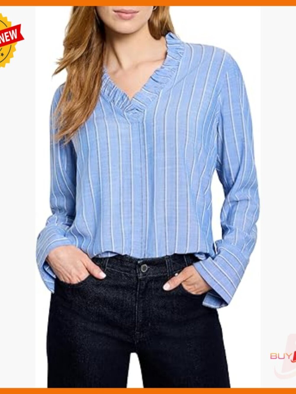 Striped Viscose Blouse with Ruffle Collar Long Sleeve Office Wear